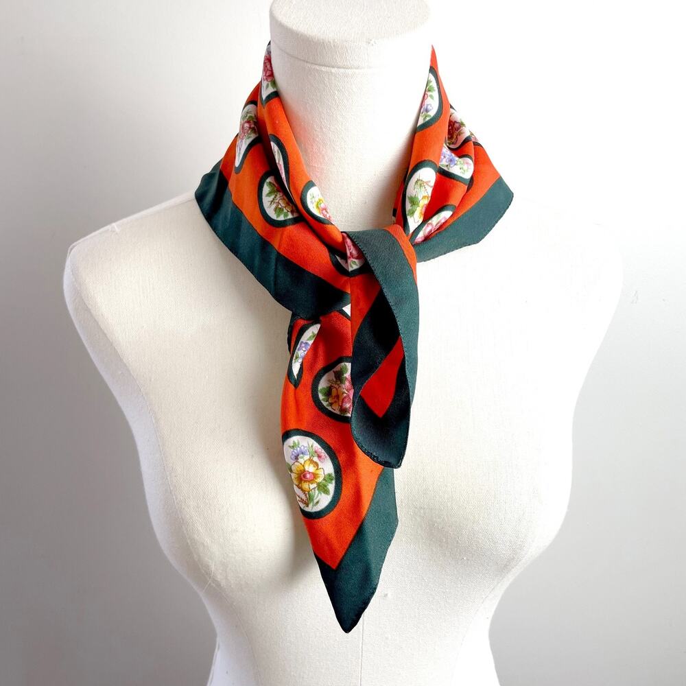 Vintage Square Scarf Orange Green Retro Cameo Floral Medallion Print Old Money